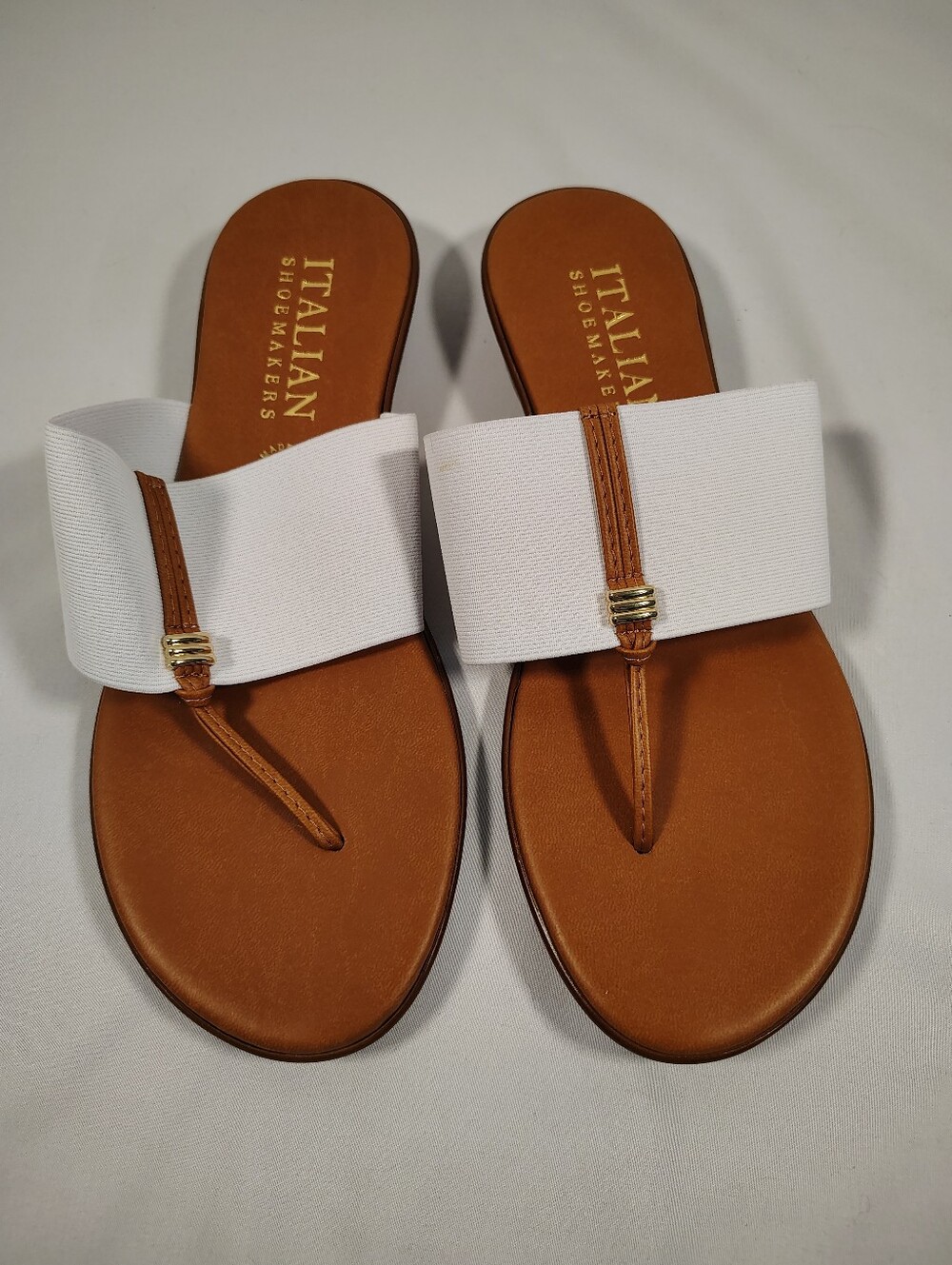 Women's Italian Shoemakers White Elastic Band Tan Leather Slide Sandals Sz. 9.5